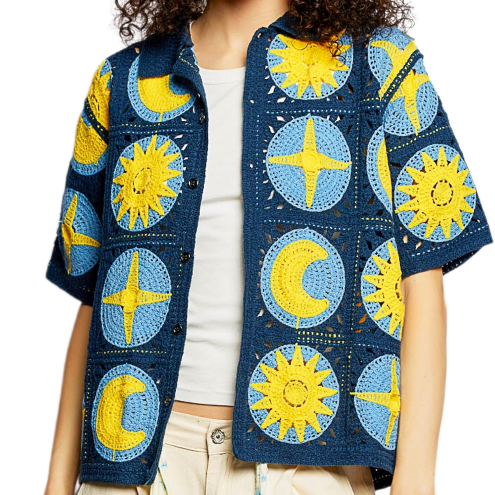POL Celestial Crochet Patchwork Button-Up Shirt S… - image 1